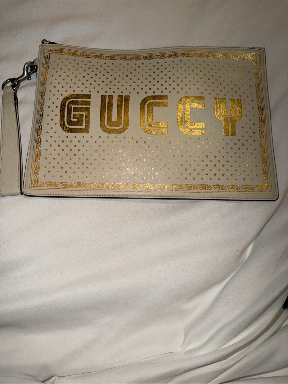 Gucci Sega Guccy ivory leather clutch bag